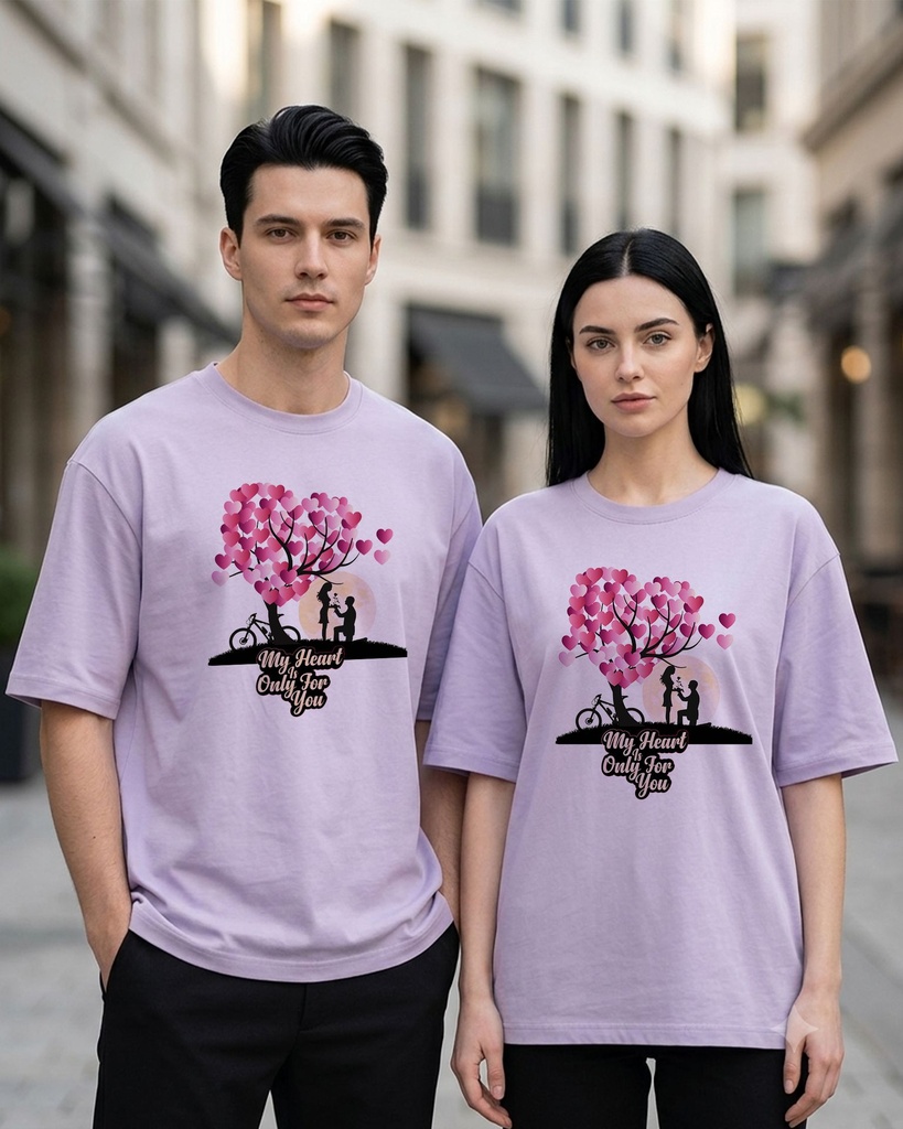 Couple Lavender Oversized T-Shirt My Heart Is Only For You Graphic Printed (XS, XS)