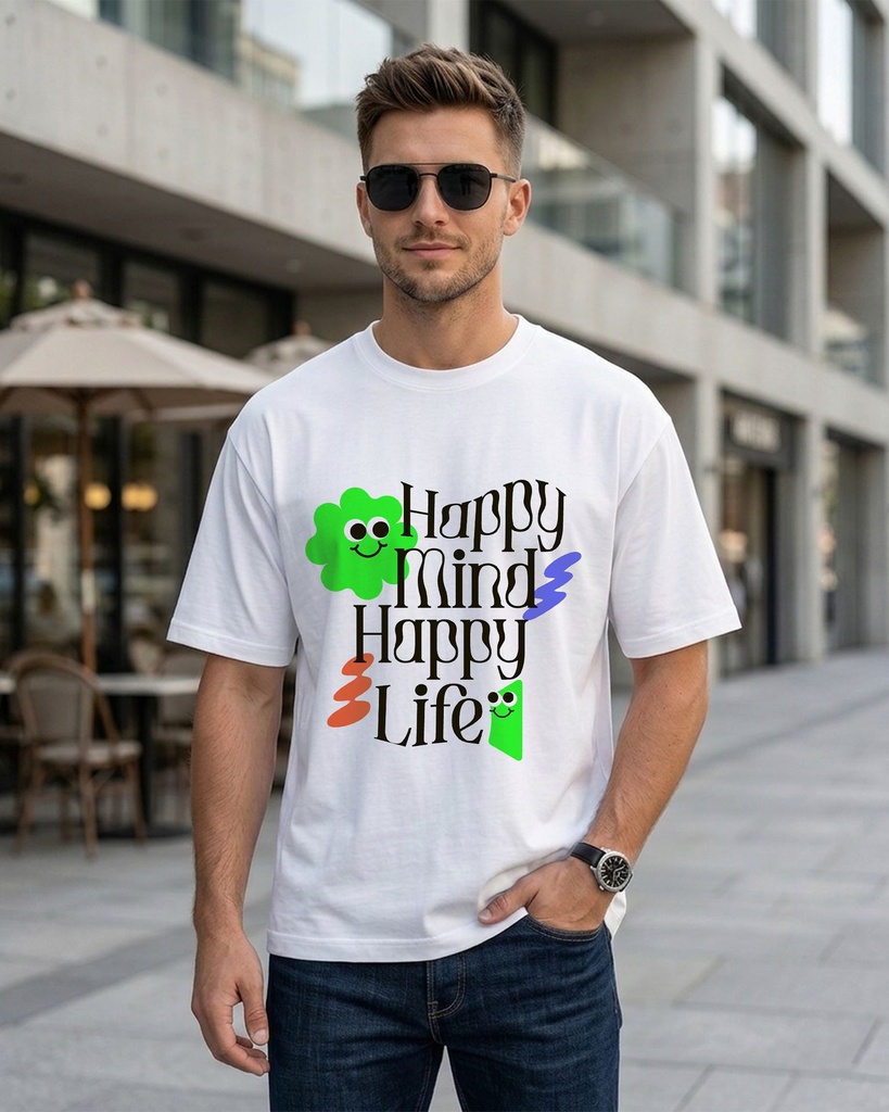 White Oversized T-Shirt Happy Mind Happy Life Graphic Printed (XS)