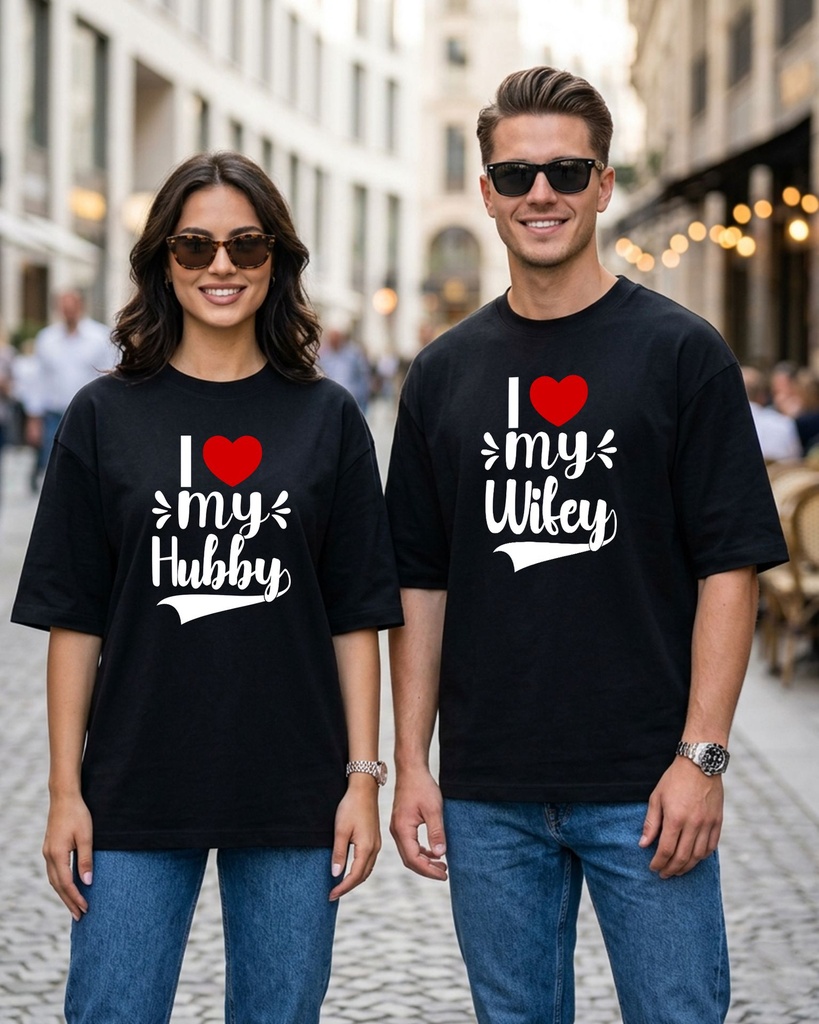Couple Black Oversized T-Shirt I Love My Hubby & Wifey Graphic Printed (XS, XS)
