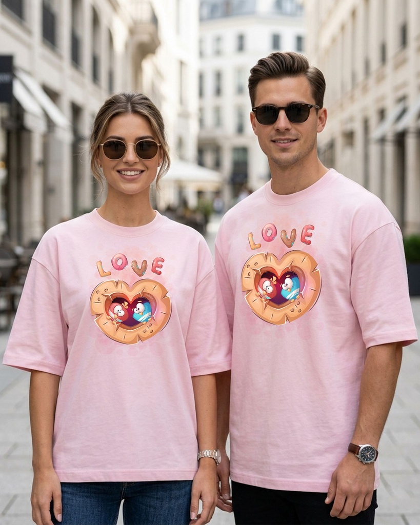 Couple Light Baby Pink Oversized T-Shirt Love Birds Graphic Printed (XS, XS)