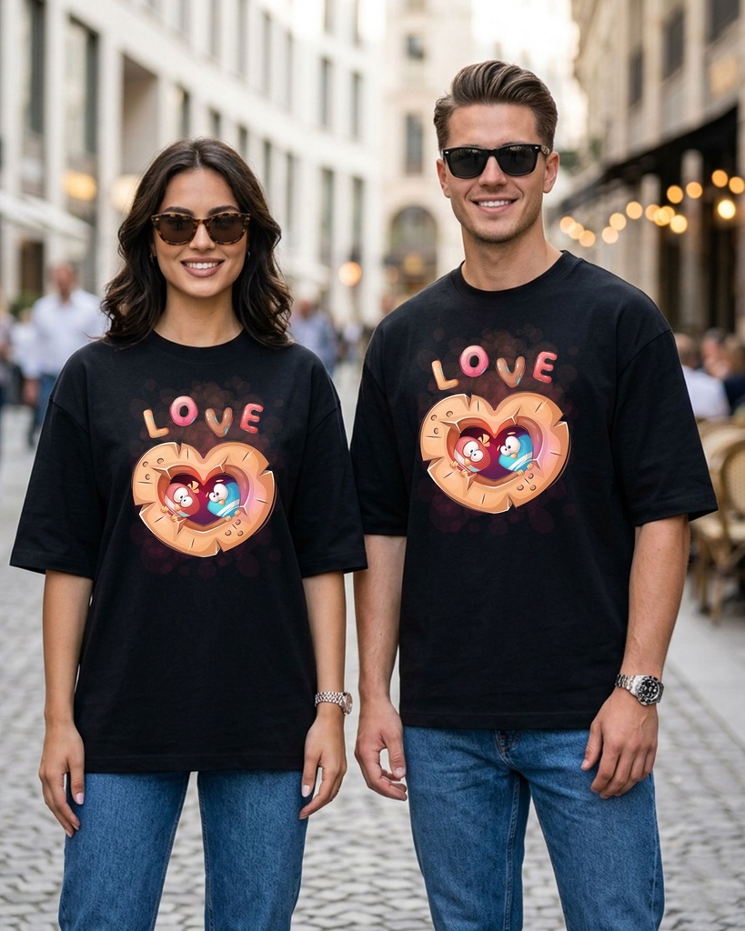 Couple Black Oversized T-Shirt Love Birds Graphic Printed (XS, XS)