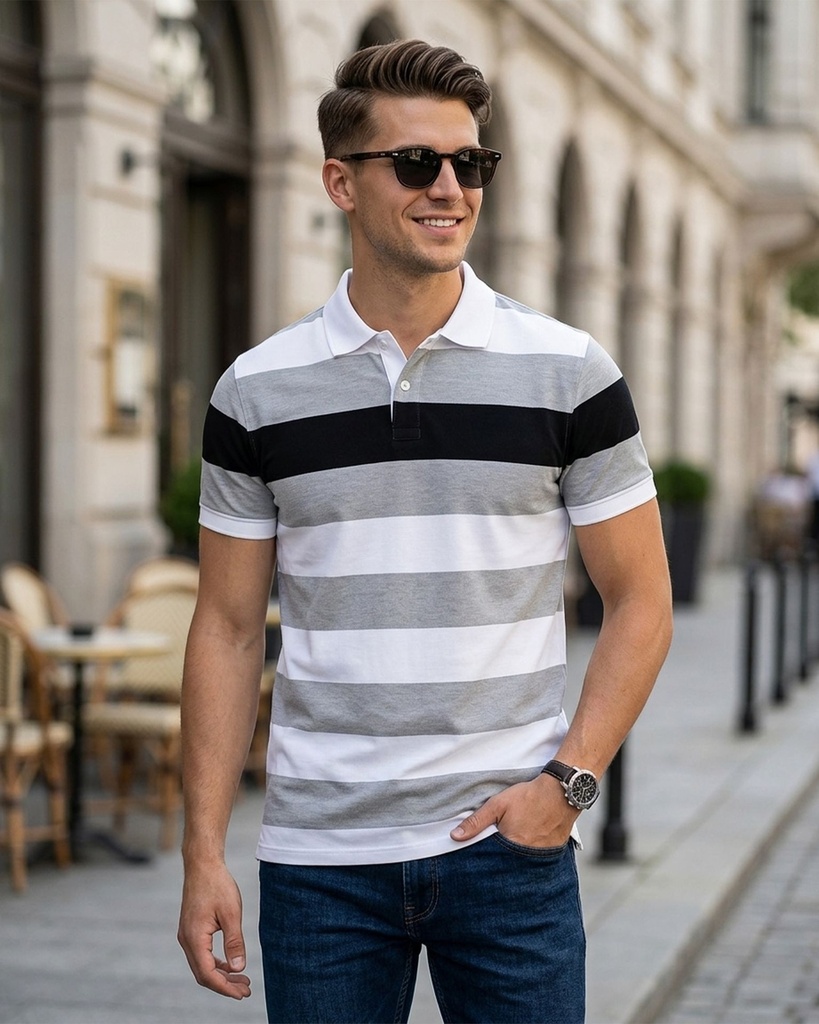 Mens Polo T-shirt Navy Blue Striped (XS)