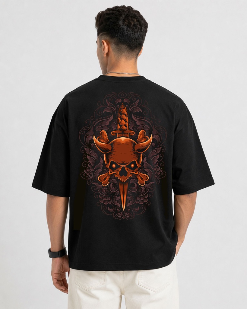 Black Oversized T-Shirt Skull Knife With Vintage Graphic Printed (XS)