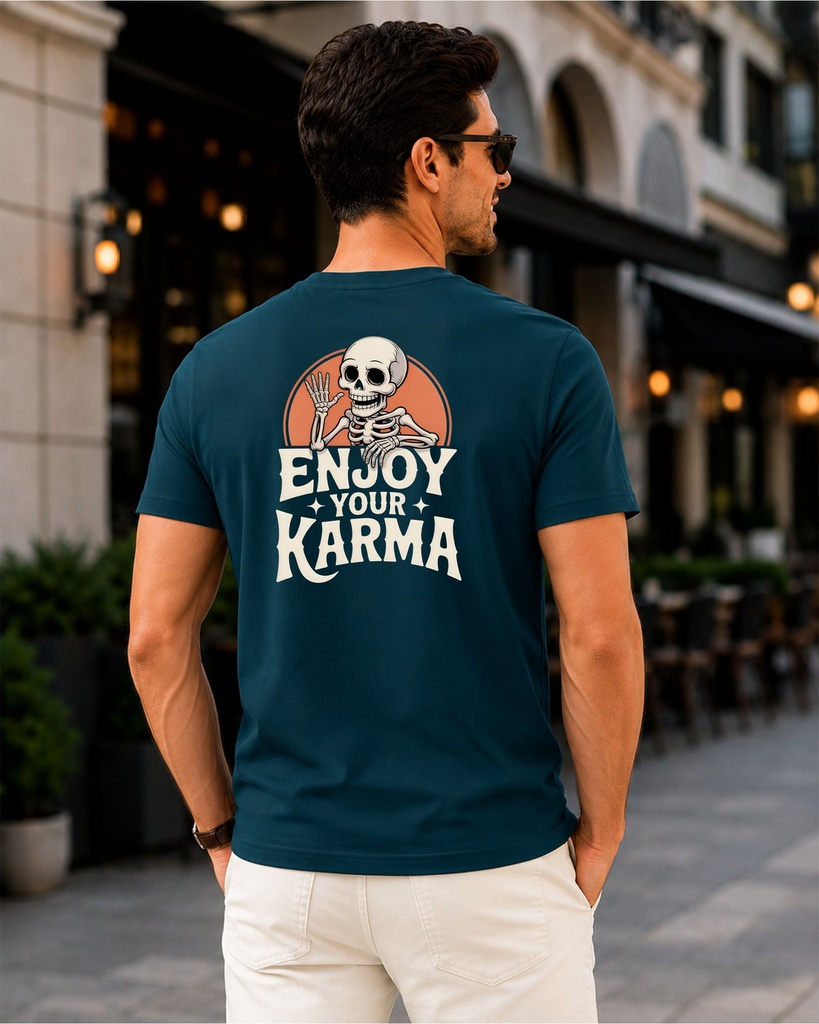 Petrol Blue Round Neck T-Shirt Enjoy Your Karma Graphic Printed (S)