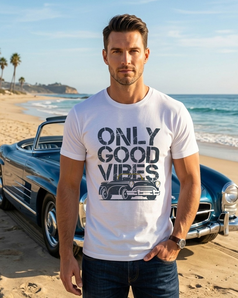 White Classic Crew T-Shirt Car Good Wibes Only Graphic Printed